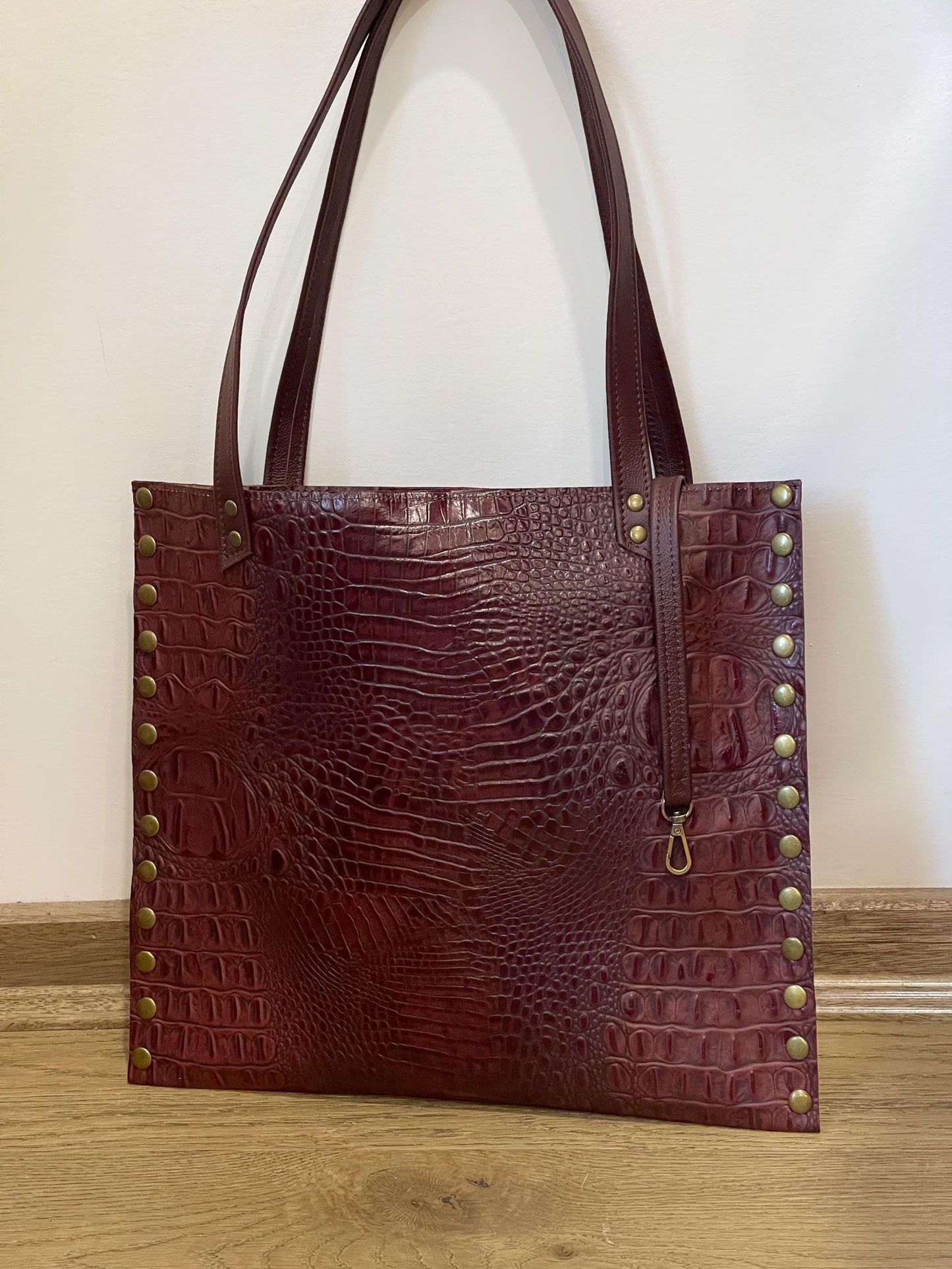 Tooled Embossed studded Burgundy Croco Leather Tote
