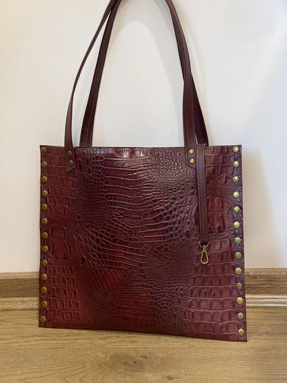 Tooled Embossed studded Burgundy Croco Leather Tote