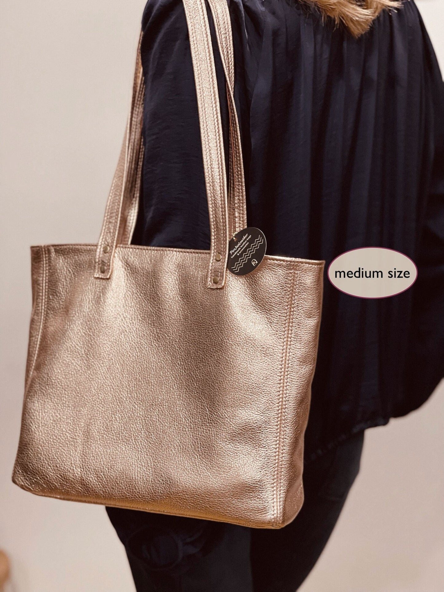 Metallic Peach Rose Gold Leather Tote, free zip purse