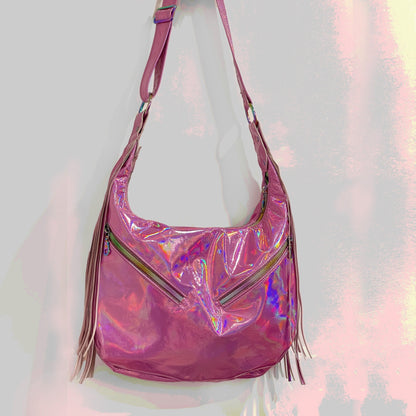 Holographic Pink Leather Hobo, Italian pink leather