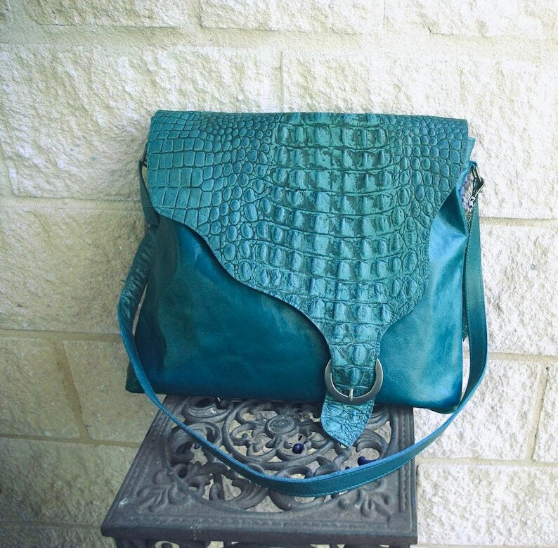 Teal leather crossbody, asymmetrical flap