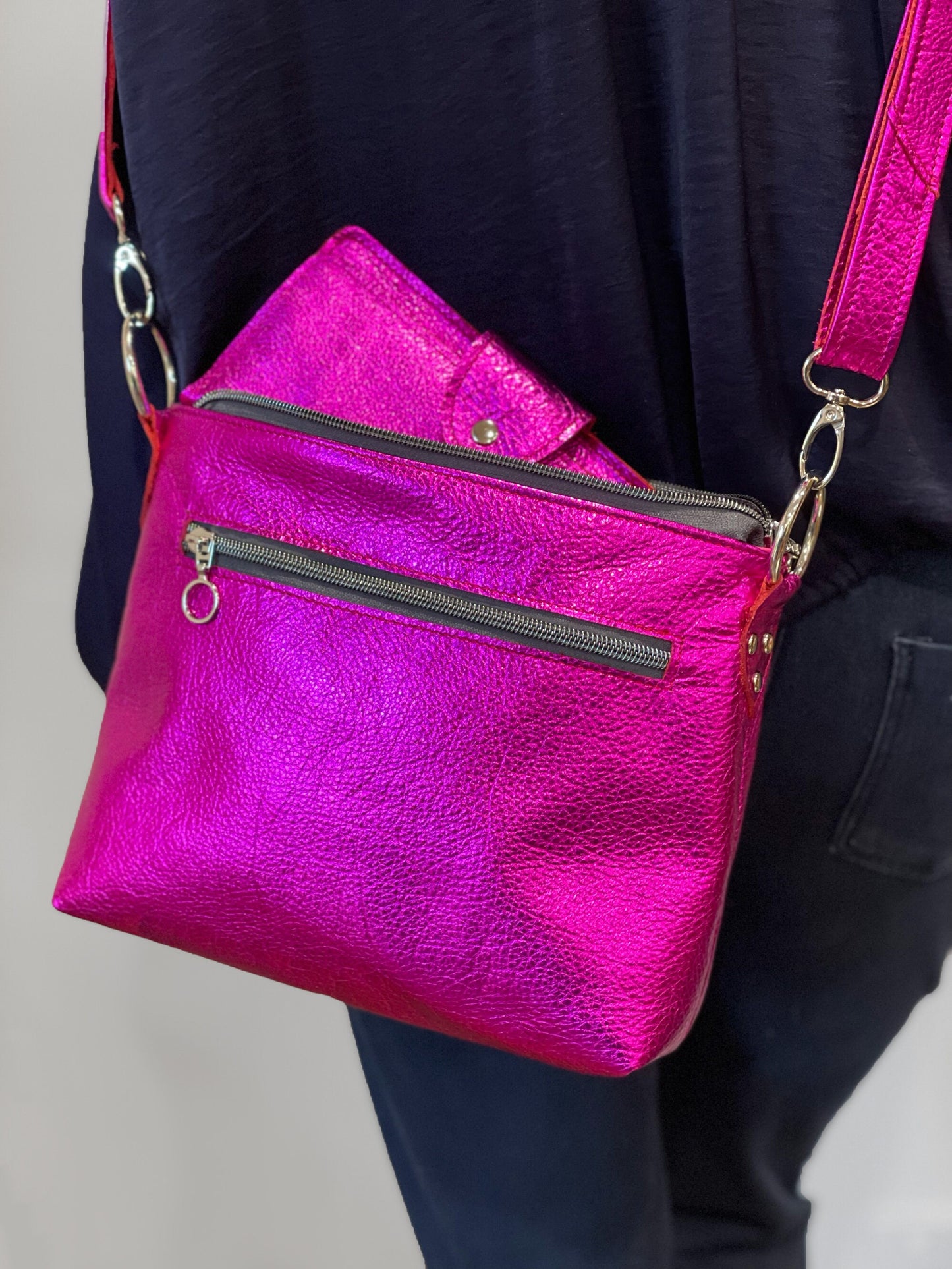 Fuchsia Pink Metallic Leather Wallet Purse or wristlet