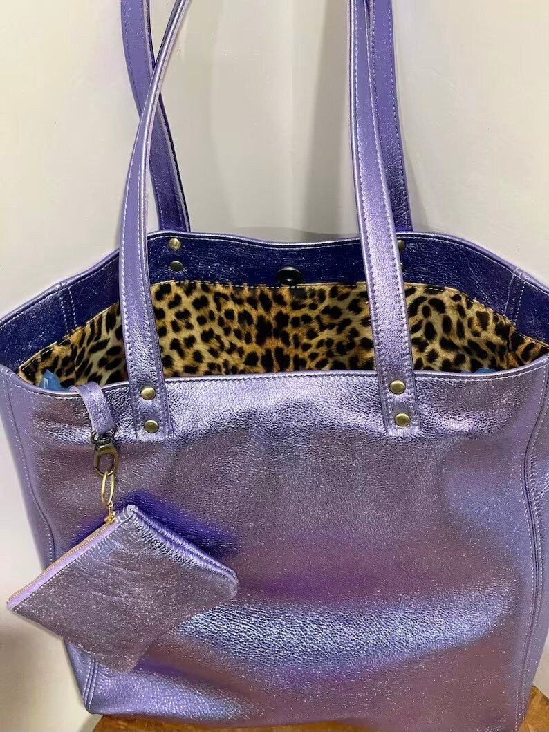 Large Lavender Lilac Metallic Leather Tote