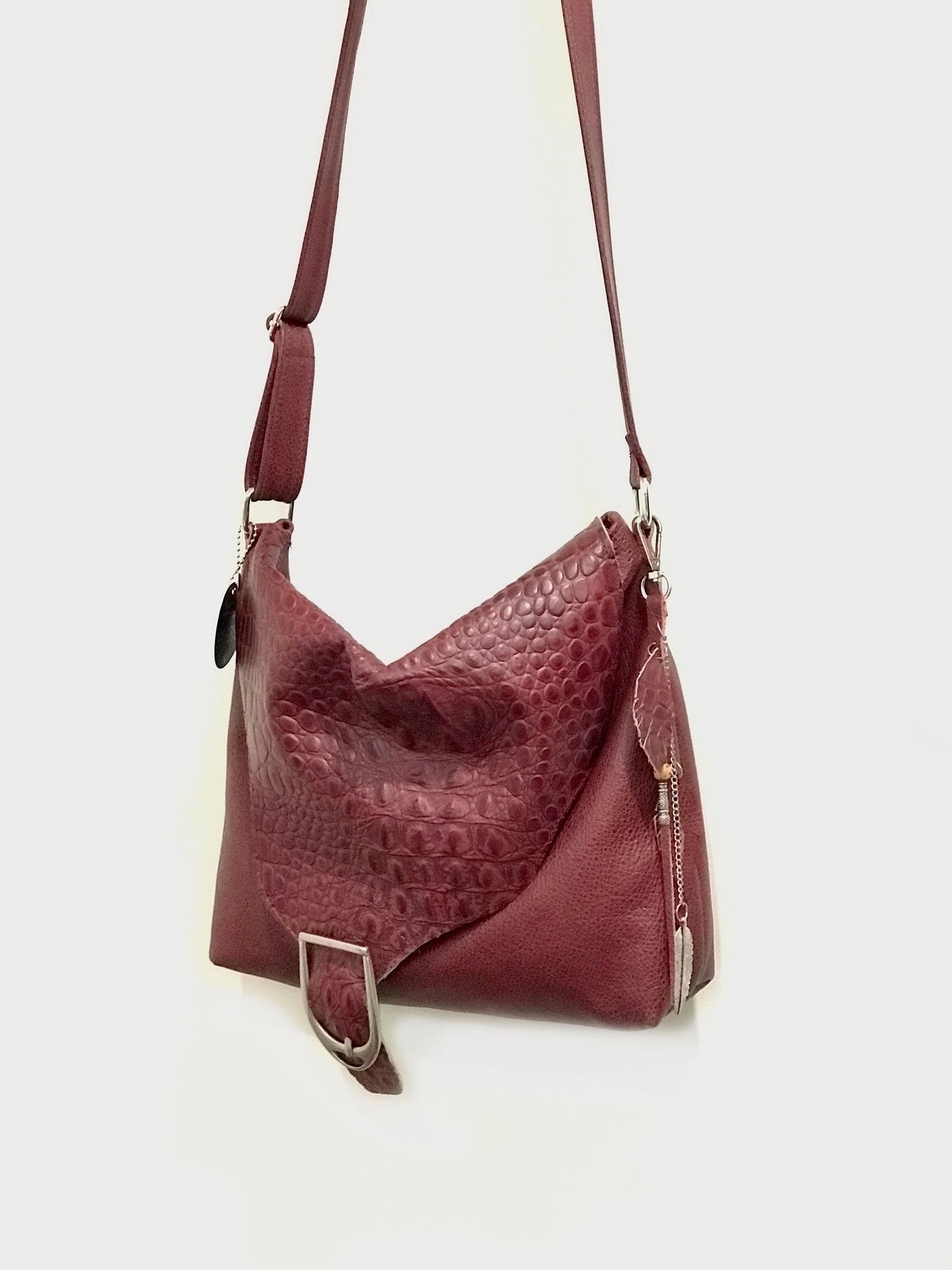 Red Croco Embossed leather Crossbody bag, Italian tooled leather, deep red