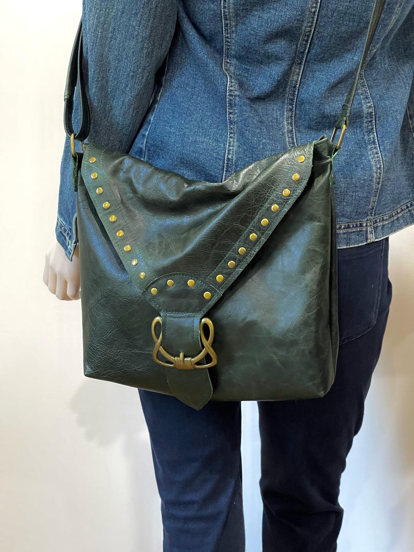 Deep green Celtic leather Crossbody bag with rivets