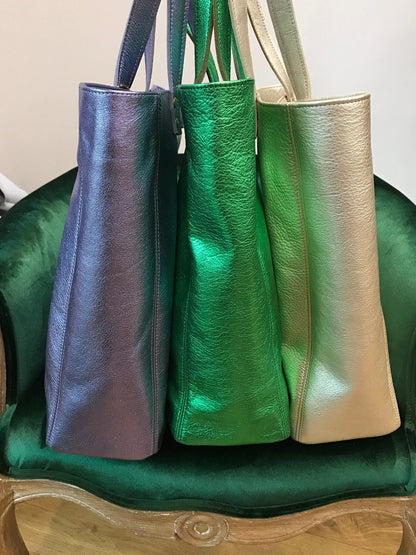 Emerald Green Metallic Leather Tote, free leather purse