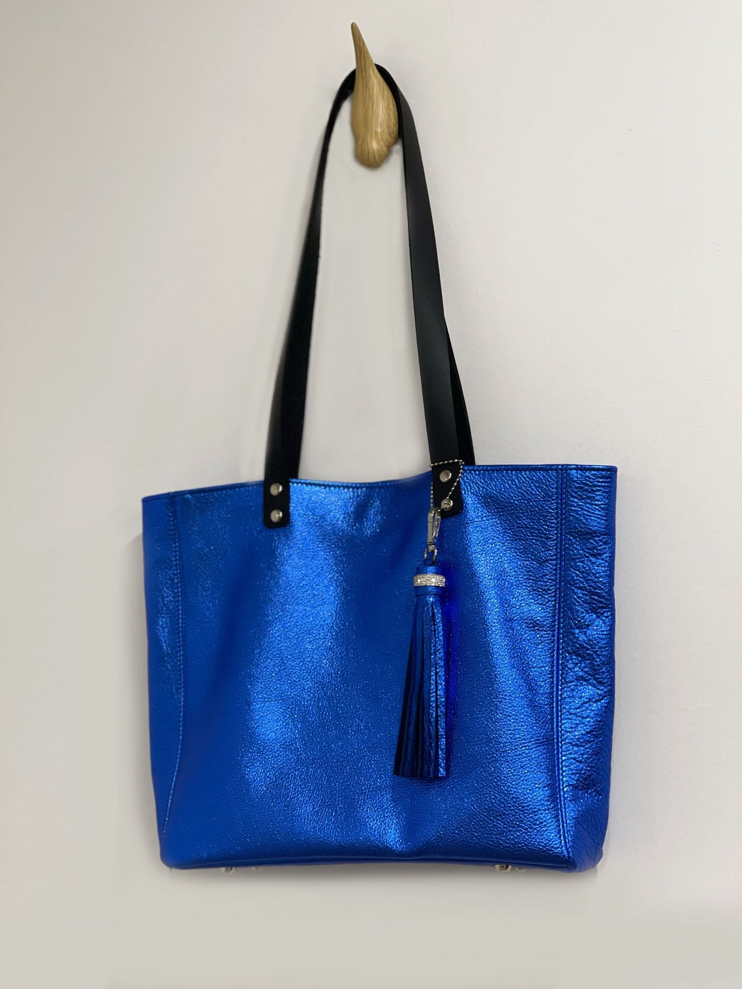 Metallic Cobalt Leather Tote, Soft relaxed luxury metallic leather, free leather purse, electric blue