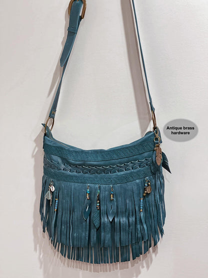 Teal Double Fringe Leather Bag, braided leather