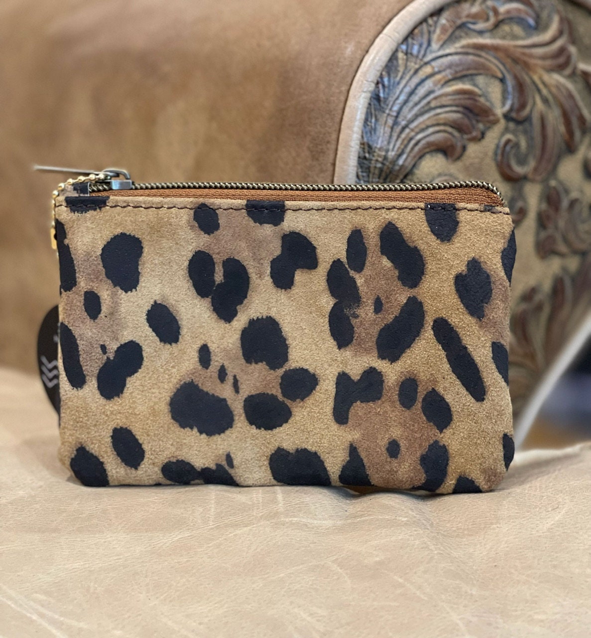 Leopard print nubuck leather zipper Purse, unlined