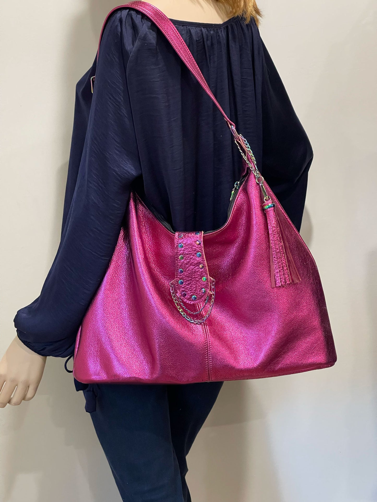 Metallic Hot Pink Italian Hobo, soft premium leather