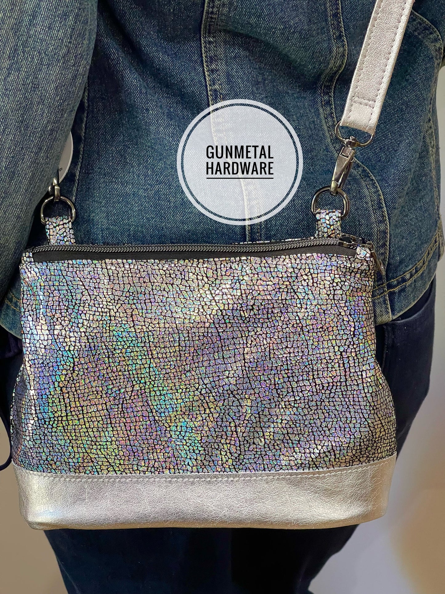 Holographic Iridescent crossbody bag, soft smooth leather