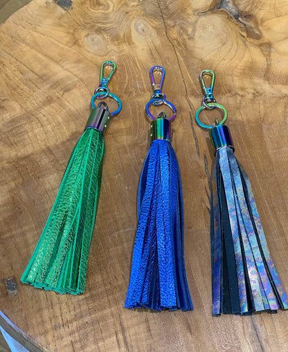 Metallic Leather tassel, bag charm, leather key ring