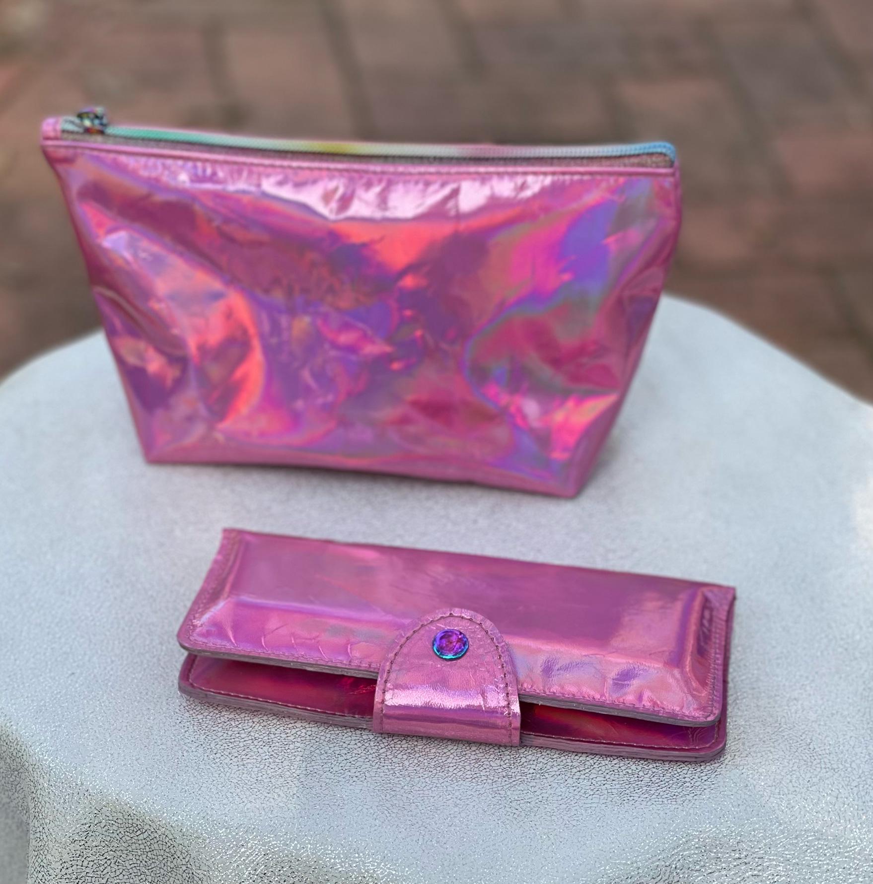 Pink holo iridescent pouch and wallet showing matching set