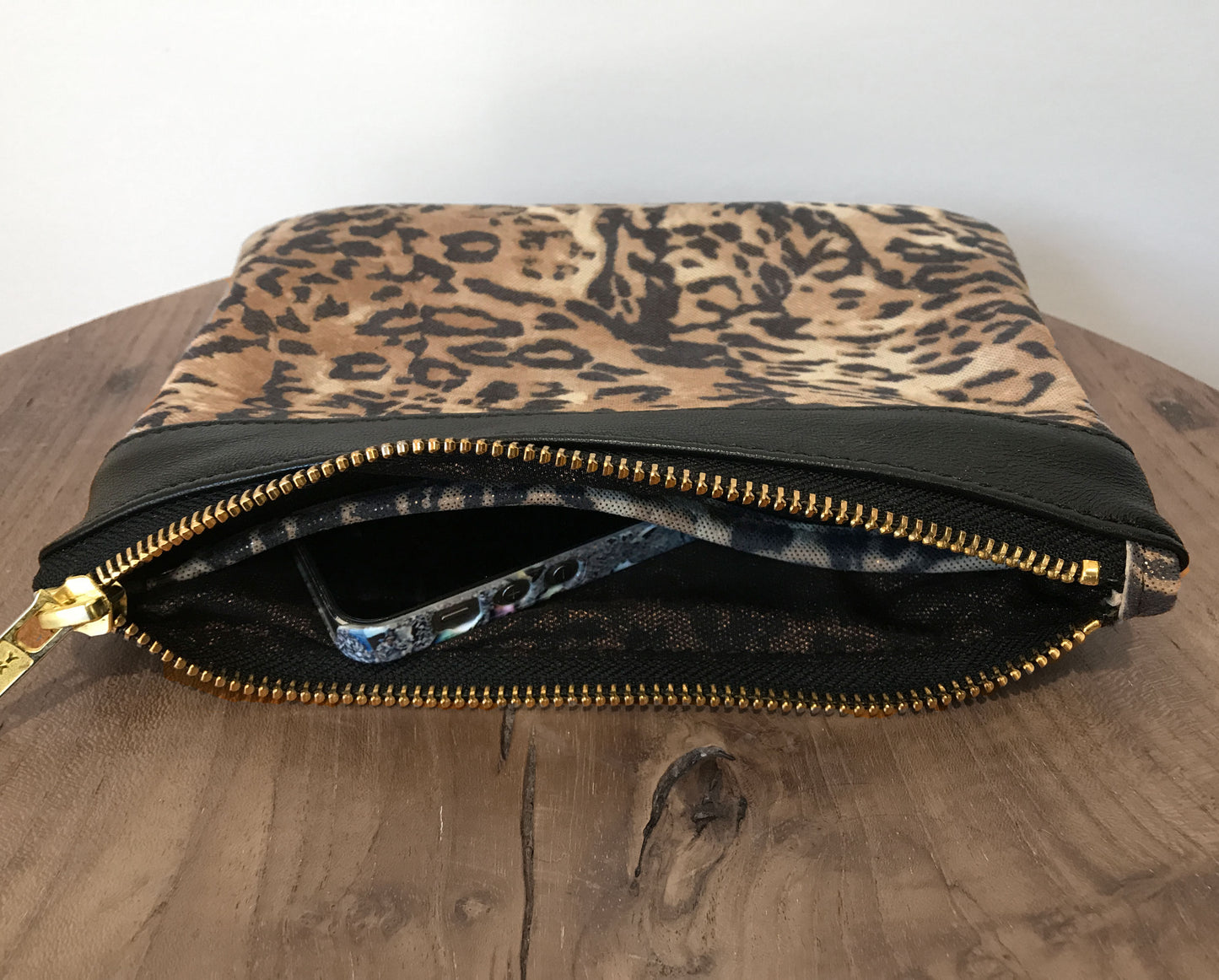 Leopard print shimmer leather Wristlet IN STOCK
