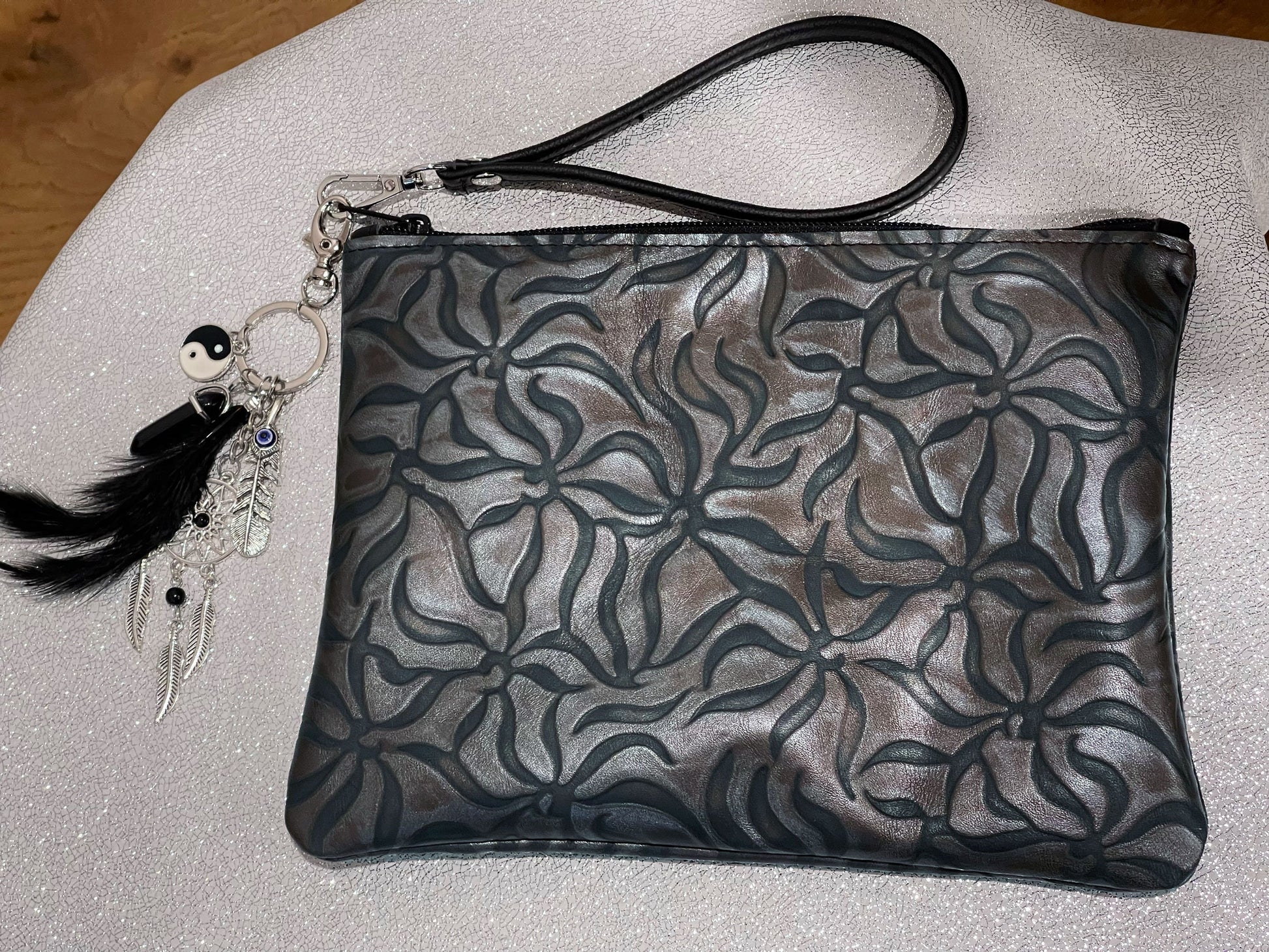 abstract gunmetal black patterned clutch bag