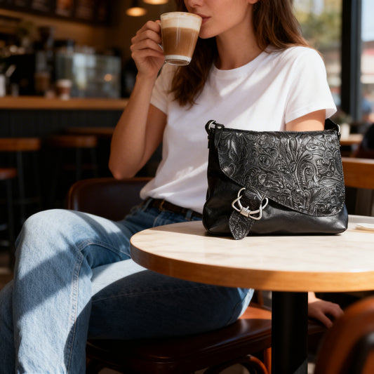 Tooled Black Western Floral Celtic Leather Crossbody Bag