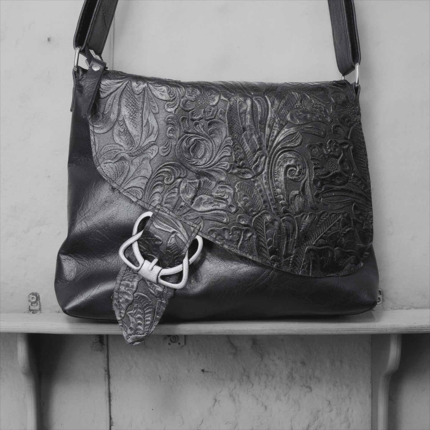 Tooled Black Western Floral Celtic Leather Crossbody Bag