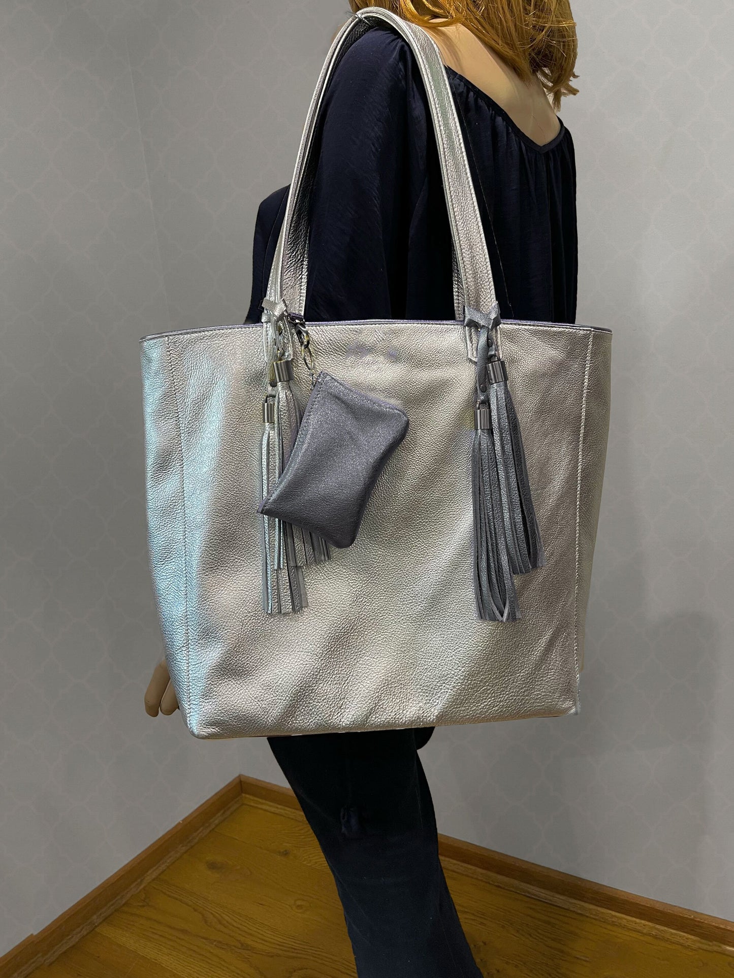 Metallic Silver Leather Tote