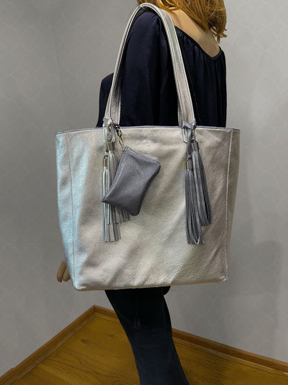 Metallic Silver Leather Tote
