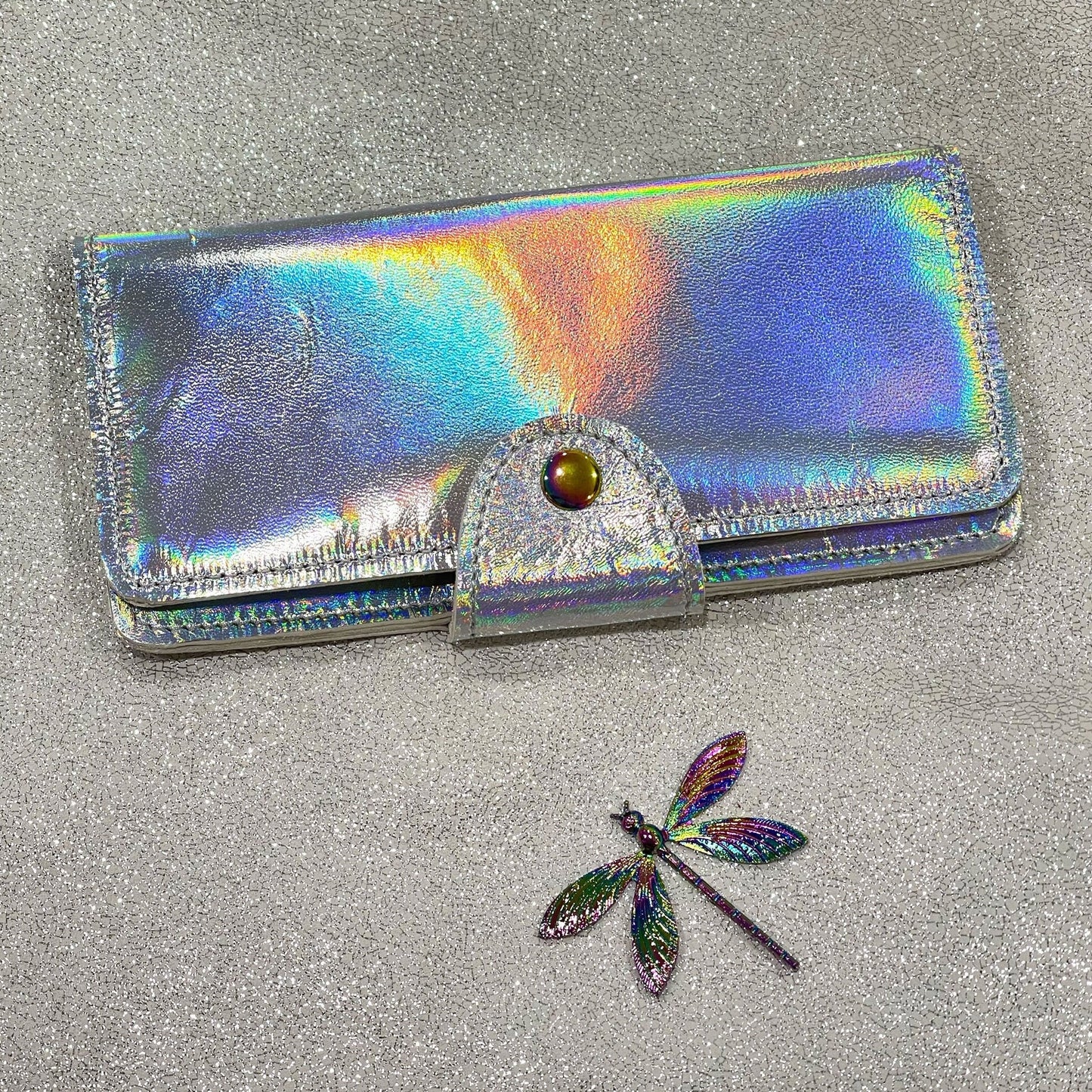 Holographic Iridescent Leather Wallet Purse or wristlet, zipper pocket