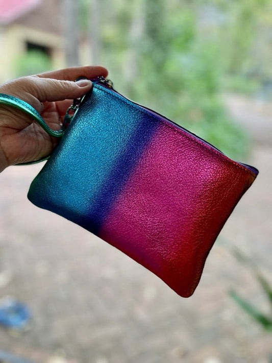 Metallic Rainbow Colours leather Wristlet clutch