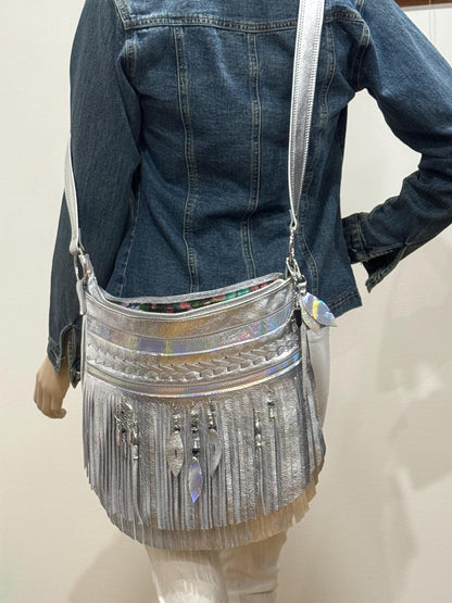 Metallic silver Leather Fringe Bag, beaded boho braided leather