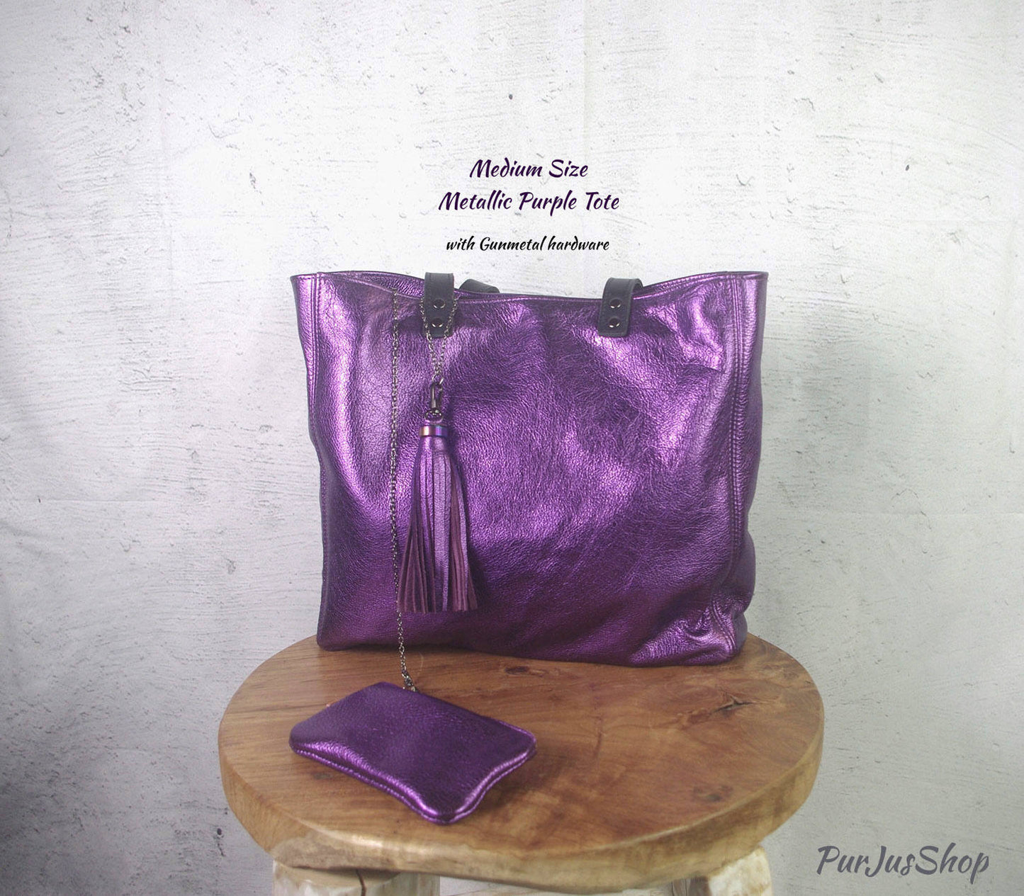 Leather Tote Metallic purple, leather zipper pocket and free purse