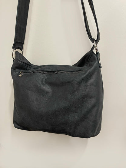 Distressed Black Leather Crossbody Bag with asymmetrical flap