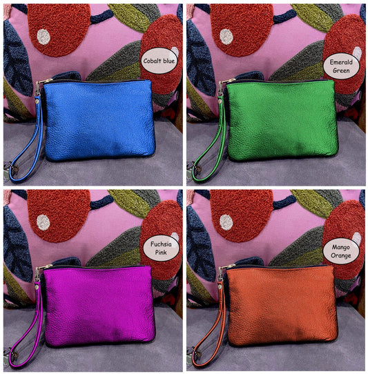 Metallic leather Wristlet, softest leather zipper purse