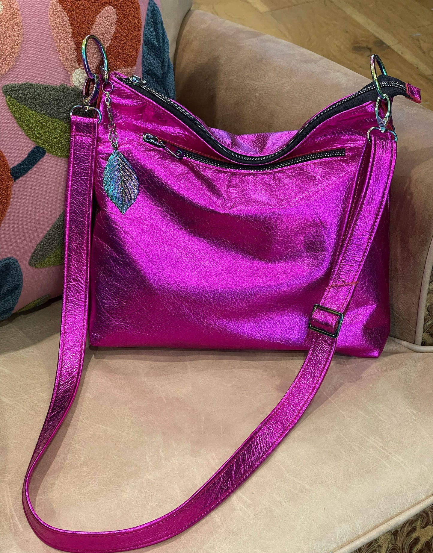 Metallic fuchsia pink crossbody bag