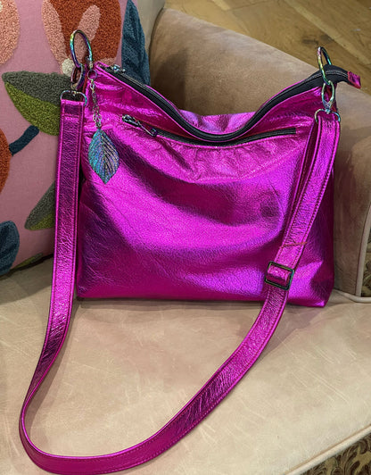 Metallic fuchsia pink crossbody bag