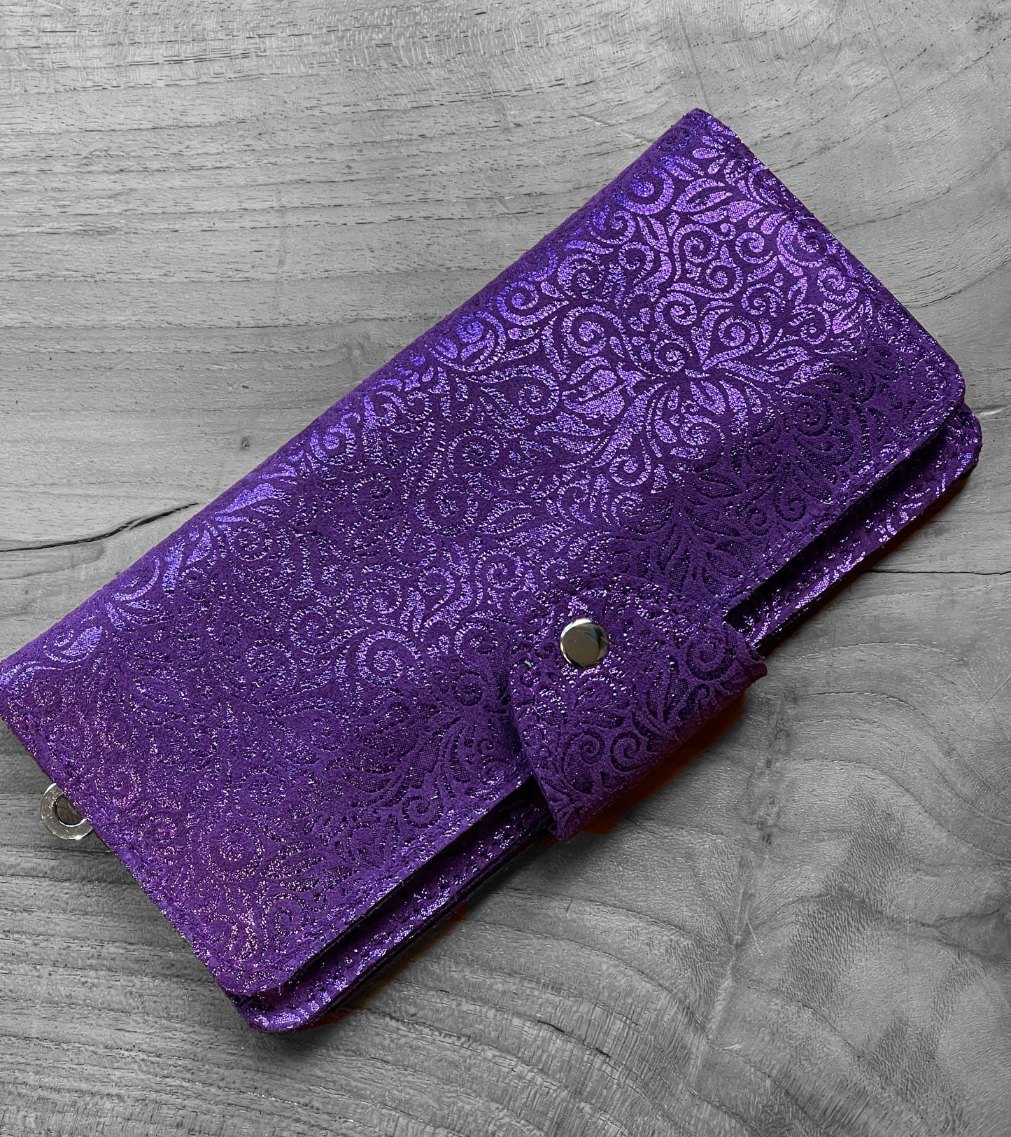 Metallic Purple Leather Wallet Purse with zipper pocket