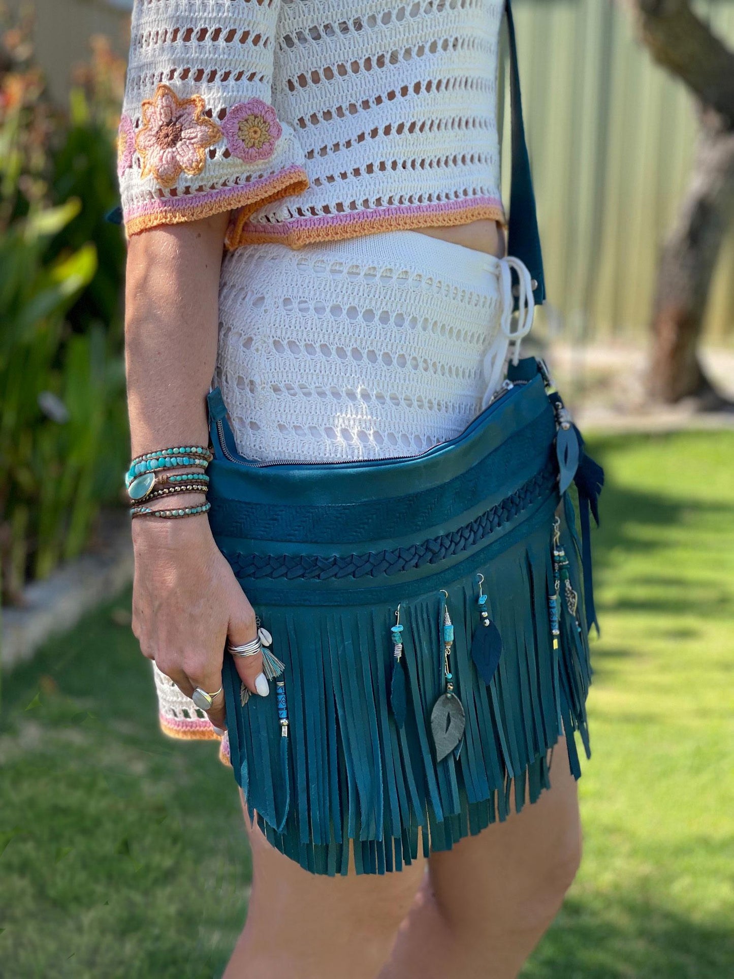 Teal Double Fringe Leather Bag, braided leather