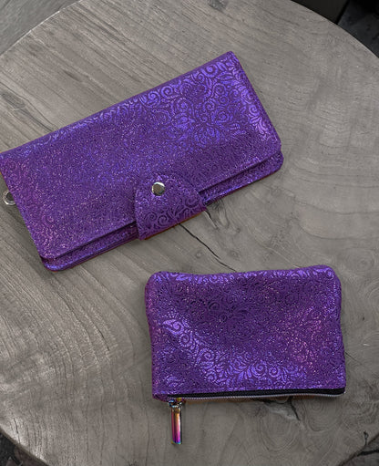 Metallic Purple Leather Wallet Purse with zipper pocket