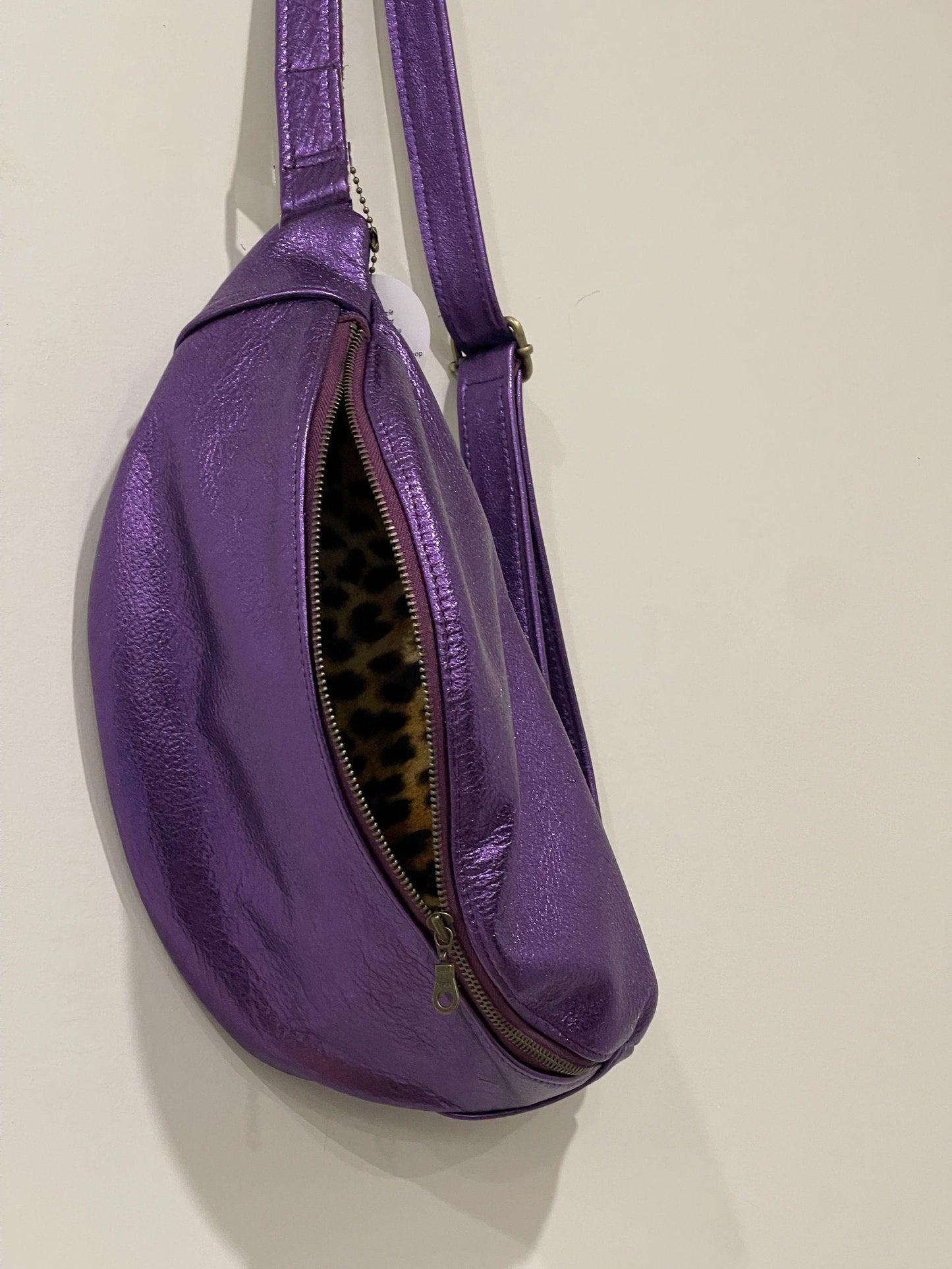 Large Metallic Purple Leather bum bag, soft leather travel bag