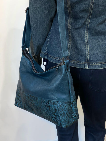 Teal Tooled Western Floral Leather Crossbody