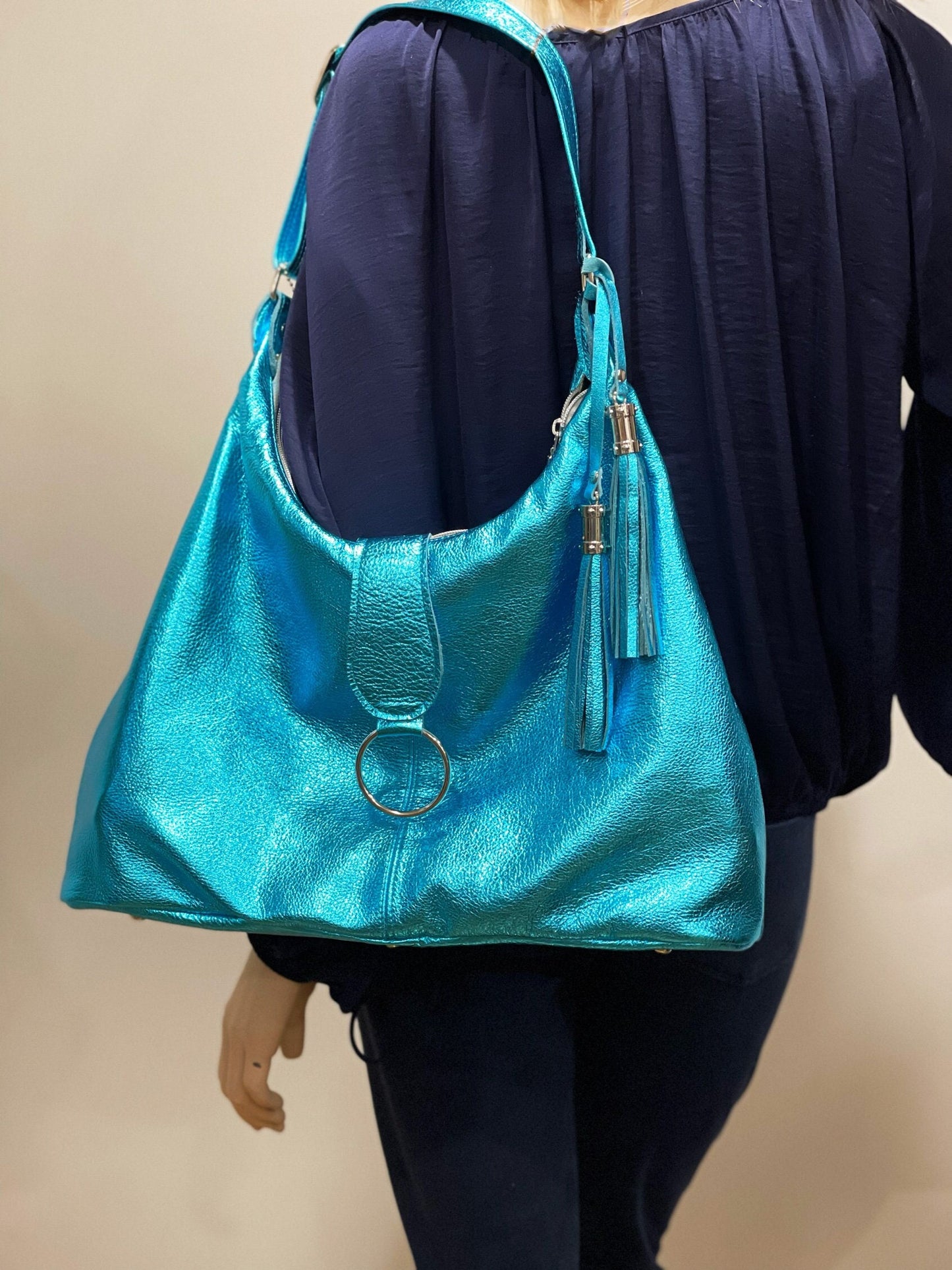 Womens metallic turquoise Italian Hobo