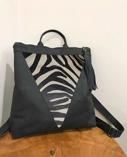 Backpack Black zebra print cowhide Leather