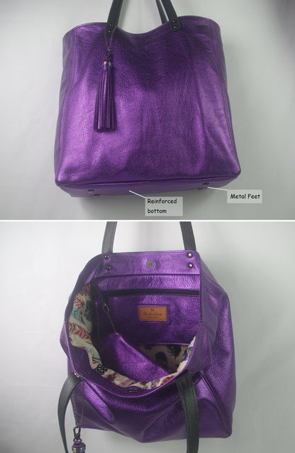 Leather Tote Metallic purple, leather zipper pocket and free purse