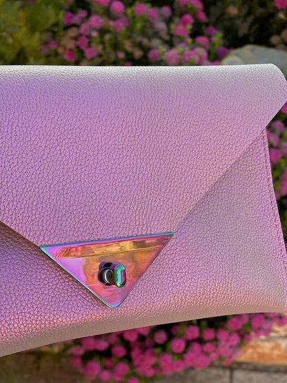Iridescent Pink Leather clutch, Metallic, iridescent clutch purse