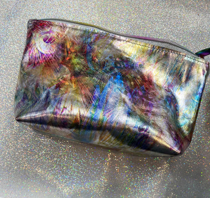 Iridescent Abstract feathers Leather makeup purse