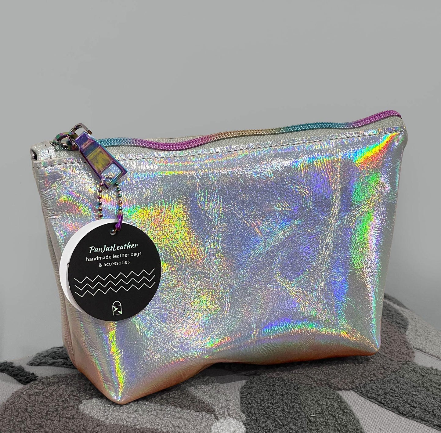 Holographic iridescent silver Leather makeup purse, lined cosmetic purse