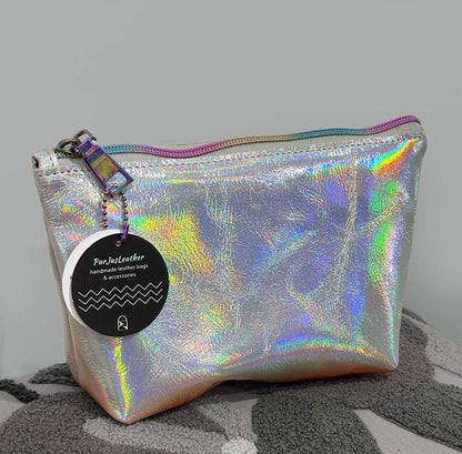 Holographic iridescent silver Leather makeup purse, lined cosmetic purse