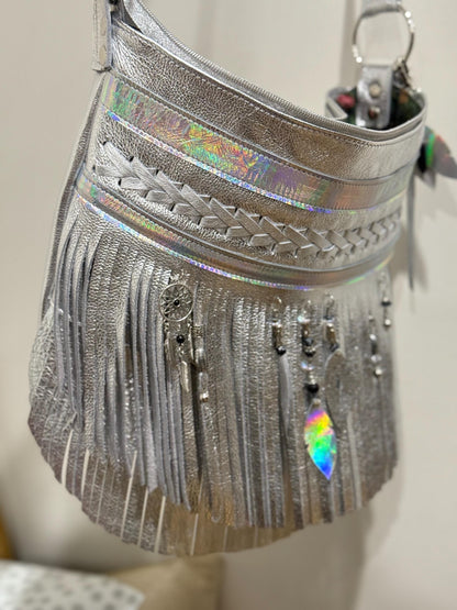 Metallic silver Leather Fringe Bag, beaded boho braided leather