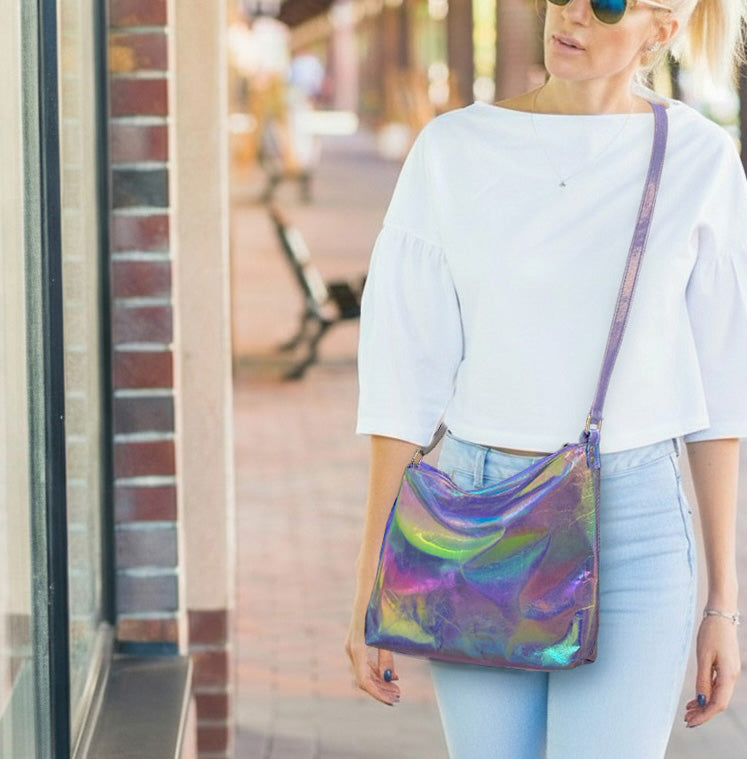Metallic Rainbow Aurora Australis purple leather crossbody bag