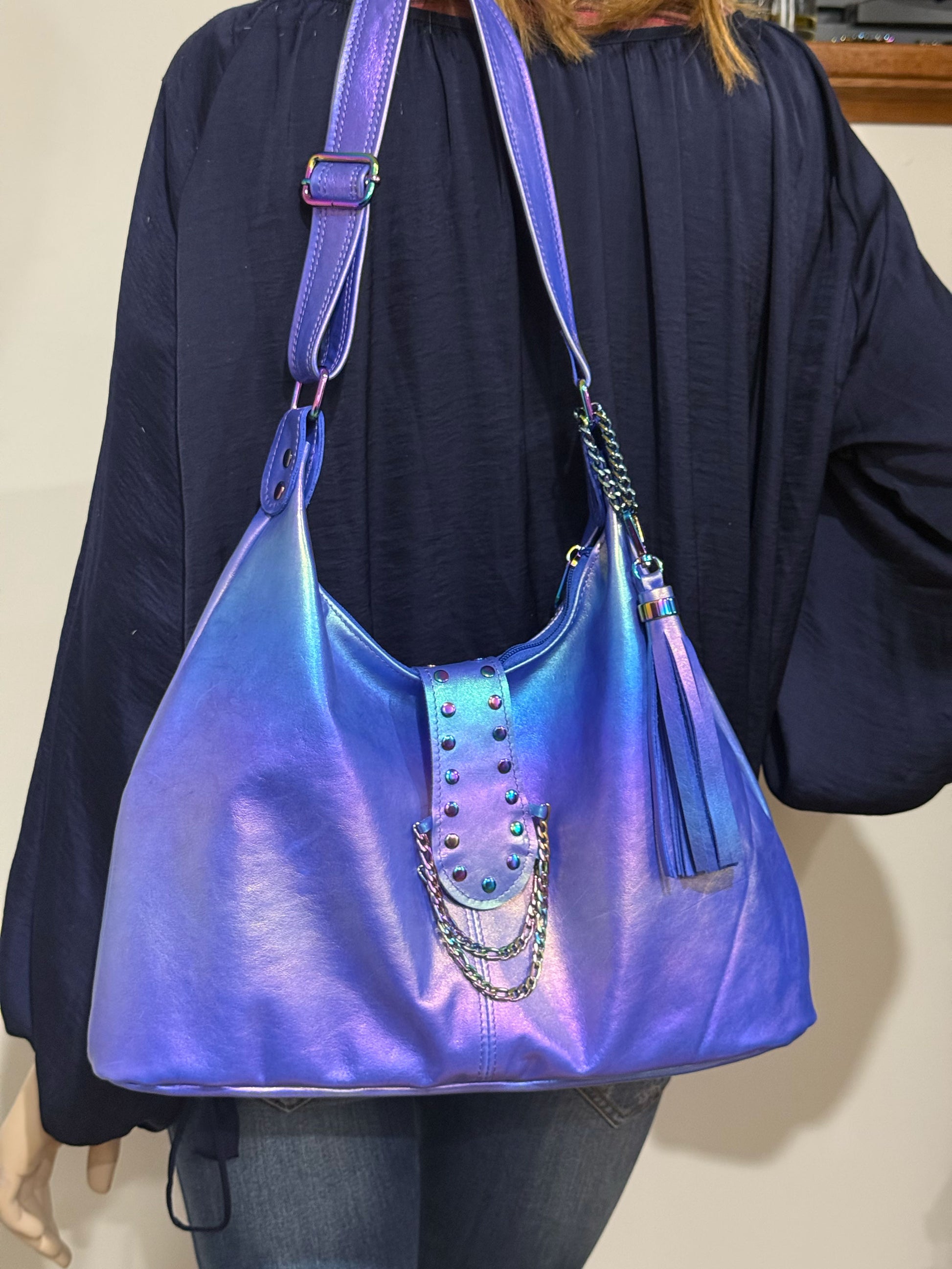 aurora blue hobo on model with tassel