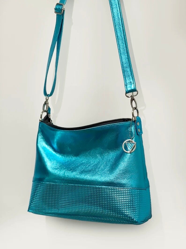 Metallic Turquoise leather crossbody shoulder bag, embossed leather IN STOCK