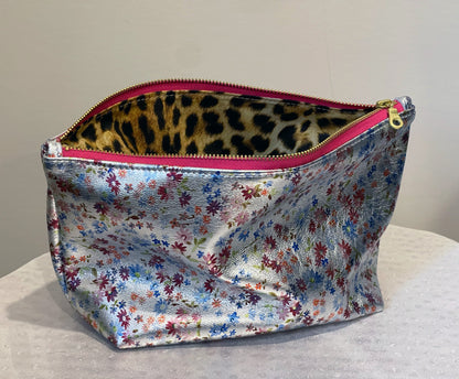Small Metallic Silver Floral Leather makeup purse, Ditsy print