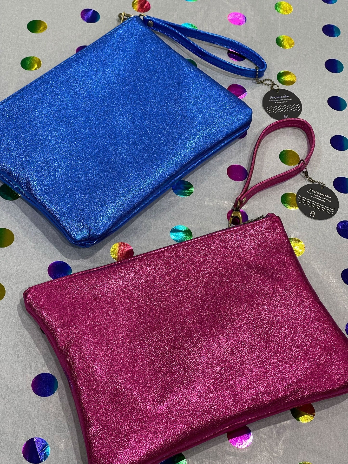 Hot pink or fuchsia metallic leather wristlet or crossbody Bag