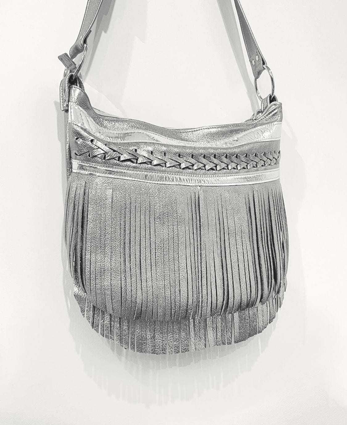 Metallic silver Leather Fringe Bag, beaded boho braided leather